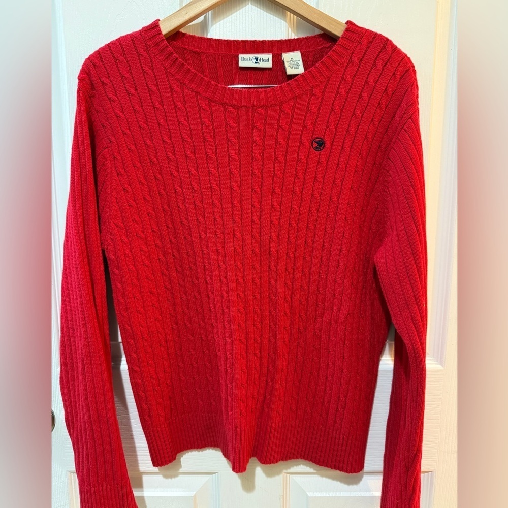 Duck Head Red Cable Knit Crew Neck Sweater 100% Cotton fisherman nautical preppy